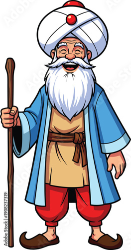 Laughing cartoon sage with a long white beard wearing a turban and blue robe holding a wooden staff.