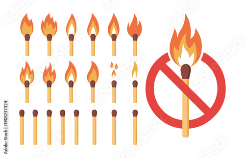 Set of lit and unlit matches with a no fire sign for danger warnings and prohibition of open flame
