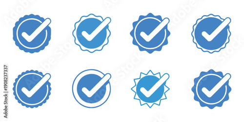 Set of eight blue verified check mark stamps. quality guarantee vector isolated on white background