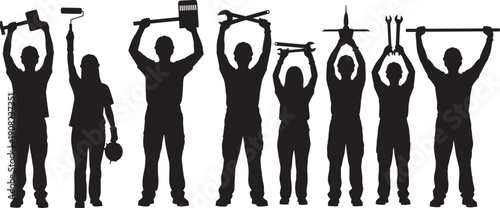 Large group of diverse construction workers and manual laborers silhouettes holding tools and equipment high above heads isolated on white background for teamwork.