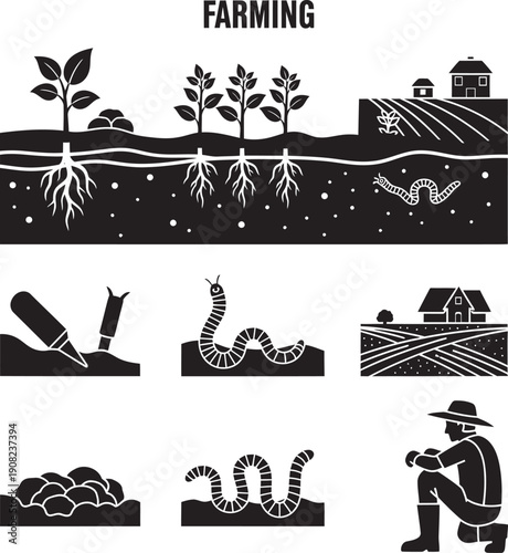 Sustainable regenerative farming illustration showing healthy soil, diverse crops, and eco-friendly agricultural practices for environmental conservation.