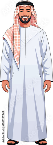Smiling bearded Arab man in traditional white thobe ghutra and agal fullbody illustration.