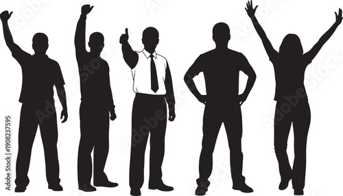 Diverse professional group silhouettes of men and women celebrating success, showing thumbs up, and cheering isolated on white background for teamwork and community concepts.