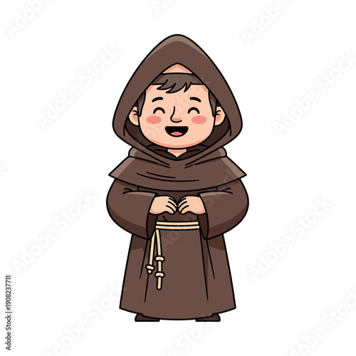 Cute cartoon monk in brown hooded robe smiling joyfully