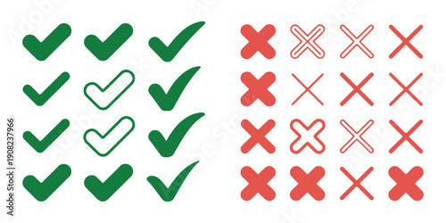 Collection of green check marks and red cross symbols representing right or wrong choices and verification