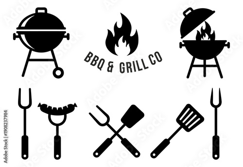 BBQ and grill icon set with barbecue kettle, fire flame, cooking utensils and food symbols vector illustration on transparent background