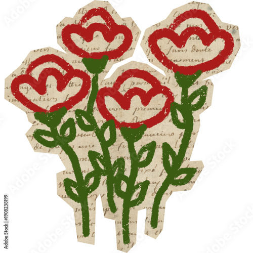 rose flowers with handdrawn crayon botanical on cutout paper for scrapbook