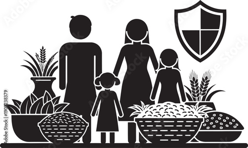 Conceptual vector illustration representing global food security with agricultural icons, healthy crops, and sustainable farming for a stable supply.