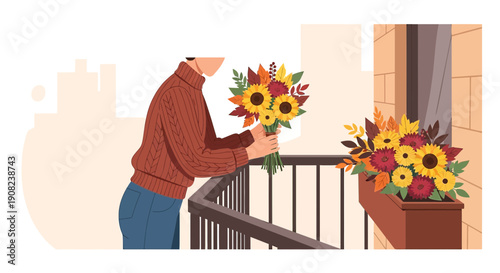 Woman Arranging Autumn Flowers on Balcony, Sunflower Bouquet Illustration