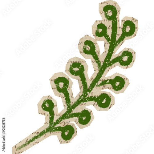 leaves branch with handdrawn crayon botanical on cutout paper for scrapbook
