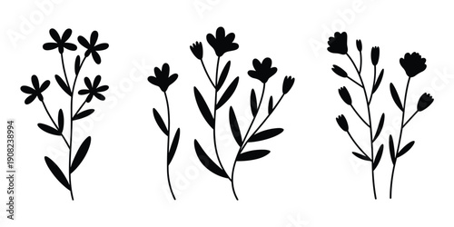 Floral silhouettes, botanical vector illustration, flower graphics, plant shapes, foliage icons, decorative design, nature elements, garden flowers, artistic floral arrangements