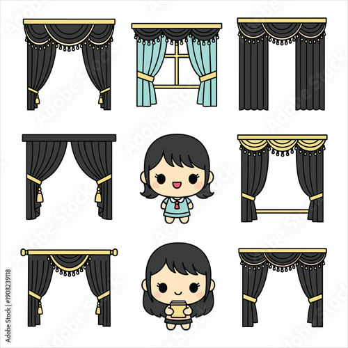 Cute Cartoon Girl with Various Curtain Designs on White Background