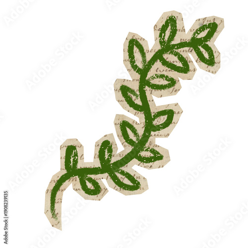 leaf branch with handdrawn crayon botanical on cutout paper for scrapbook