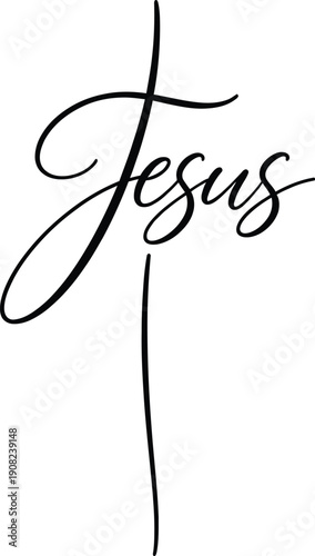 Minimalist calligraphy of "Jesus" forming a cross shape, religious vector illustration