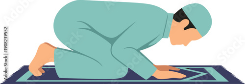 Muslim man praying in sujud position on prayer mat, Islamic religious worship illustration, man in prostration during salat prayer, EPS vector