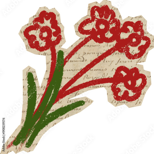 red lily flowers with handdrawn crayon botanical on cutout paper for scrapbook