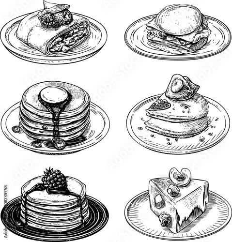 Artistic black and white illustration of various delicious breakfast dishes.
