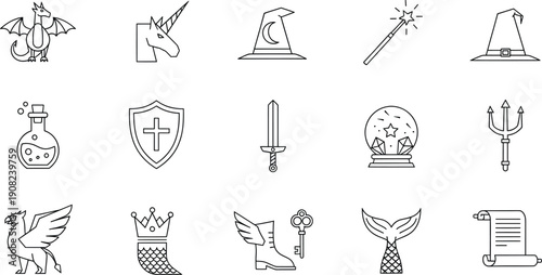 A collection of fantasy and magic themed line icons including mythical creatures and magical items