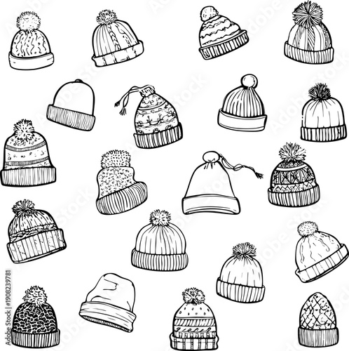 Collection of stylish winter hats in various designs and patterns.