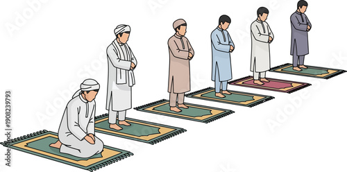 Muslim men praying in congregation, group of Islamic people performing Salah on prayer rugs, religious worship illustration in EPS format