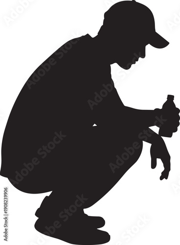 Black and white silhouette of a professional male worker or technician wearing a cap and squatting while holding a water bottle for break time concepts.