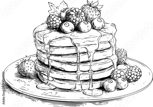 Stacked pancakes topped with berries and dripping syrup.