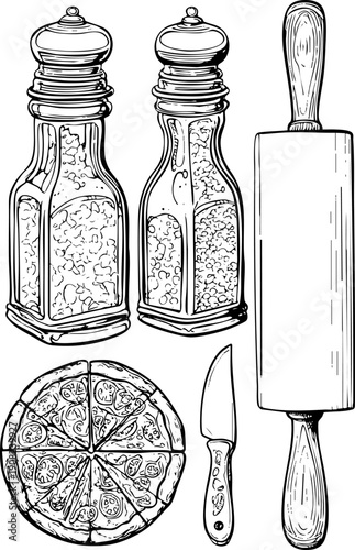 Stylized kitchen elements include salt pepper shakers rolling pin and pizza.