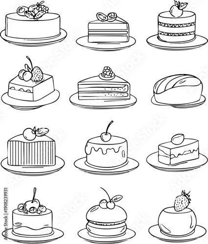 Various illustrated cakes and desserts displayed on plates.