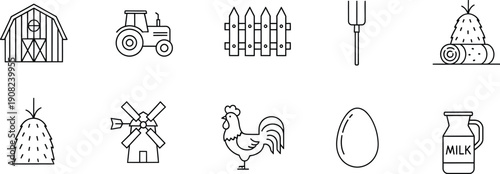 A set of line art icons depicting various items and elements found on a farm, including animals, equipment, and structures.