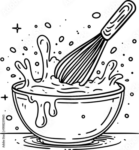Whisk mixing ingredients in a bowl with splashes around.