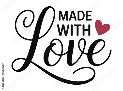 Made with love calligraphy text with small red heart icon for handmade product labels and artisanal branding design