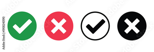 Check mark and x mark icons in circles, green checkmark, red cross, black white symbols for web