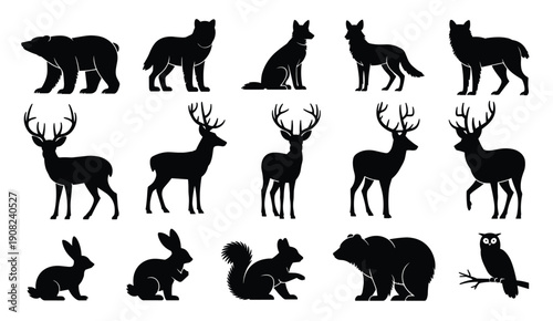 Forest animal silhouettes, bear, wolf, fox, deer, rabbit, squirrel, owl, wildlife vector illustration, woodland nature design, animal art