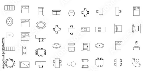 Furniture top view line art collection featuring interior layout icons for modern apartment floorplan design and architectural planning projects.