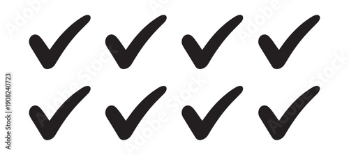 Set of eight black check marks isolated on white background, symbol for success, completion and choice