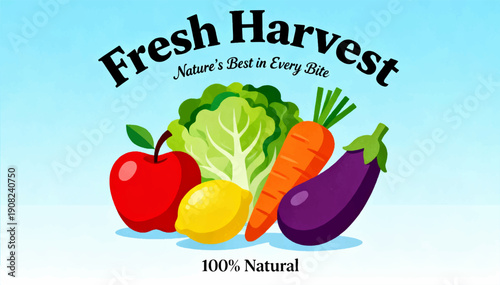 Fruits and vegetables in a bright vector style for packaging and advertising.