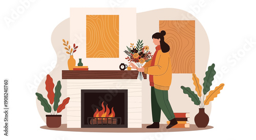 Woman Arranging Autumn Flowers by Fireplace, Cozy Home Illustration
