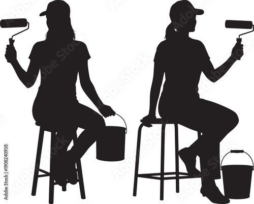 Silhouettes of two women with paint rollers and buckets, ready for home renovation or redecoration
