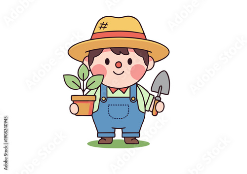cute gardener character with plant pot and garden tools vector illustration