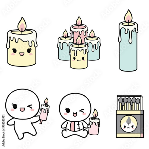 Cute Cartoon Characters with Candles and Matches in Simple Style