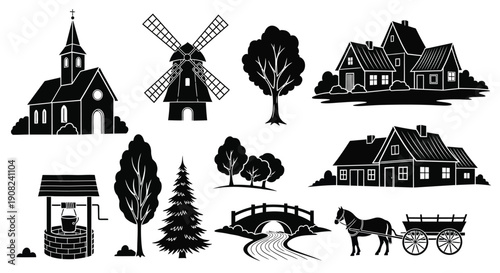 Black silhouette illustrations of rural buildings windmills and landscape elements