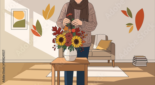 Woman Arranging Autumn Flowers in Cozy Living Room