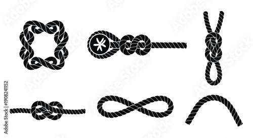 Various nautical knots illustrated in a black and white vector style