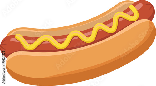 Cartoon hot dog with mustard illustration, fast food snack icon design isolated on white background for menus branding