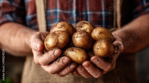 Farmer holds freshly harvested potatoes in hands with dirt in a rustic setting
