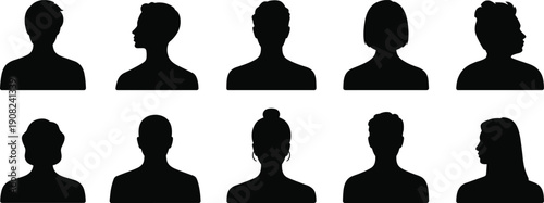 Diverse collection of black silhouette head and shoulder profiles on white background people