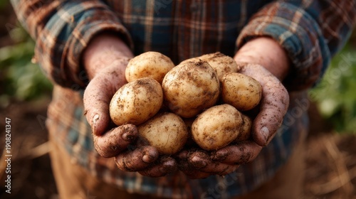 Farmer holds freshly harvested potatoes in hands after gathering them from the field during sunny day