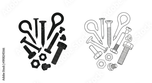A comparison of black and white hardware fasteners including bolts and nuts