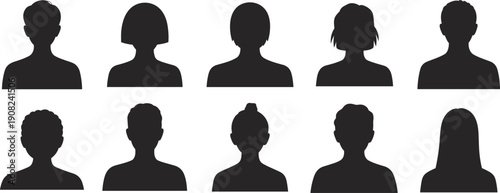 Diverse Collection of Human Head and Shoulder Silhouettes with Various Hairstyles profile icon