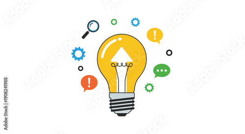 Light bulb with colorful icons symbolizing innovation, ideas, and communication
